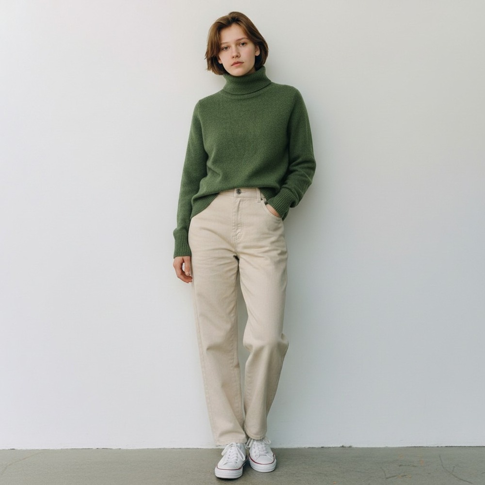 Classic 100% Cashmere Turtleneck Women Small Green Knit Sweater